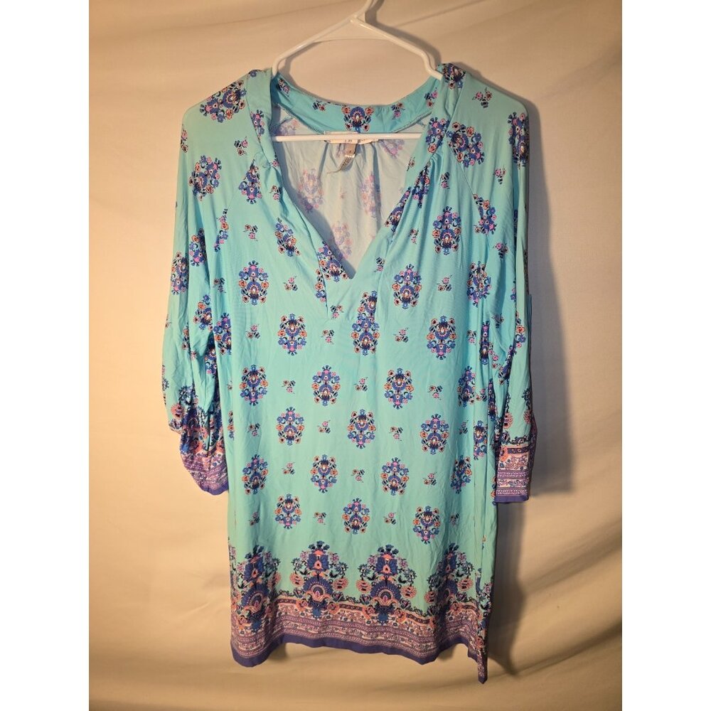 Women’s Coastal Hippie  easy Shift Dress Teal Blue Floral Pattern Boho Small S
